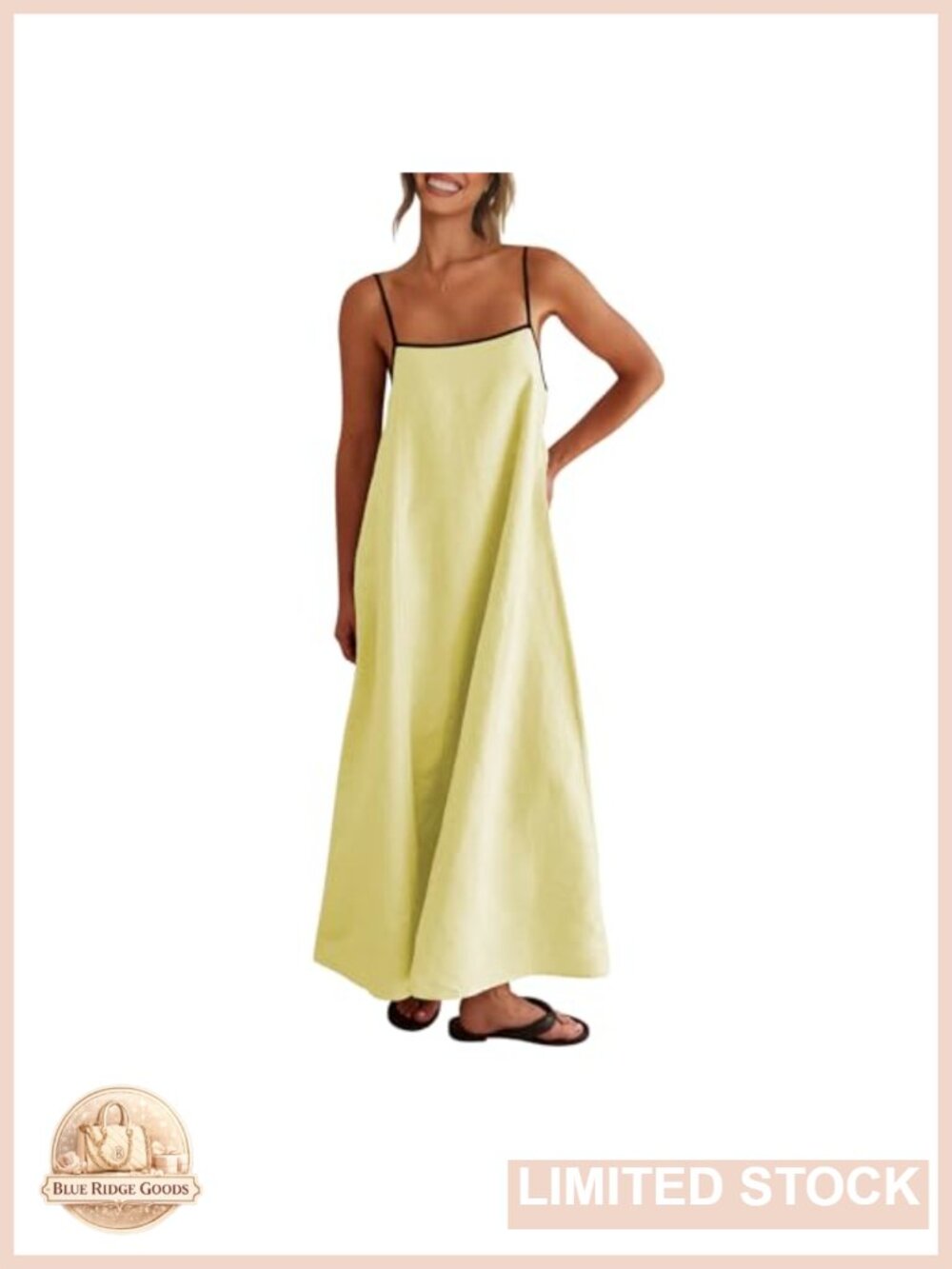 Linen Maxi Dress Spaghetti Strap Boho Sundress Side Pockets Back Tie